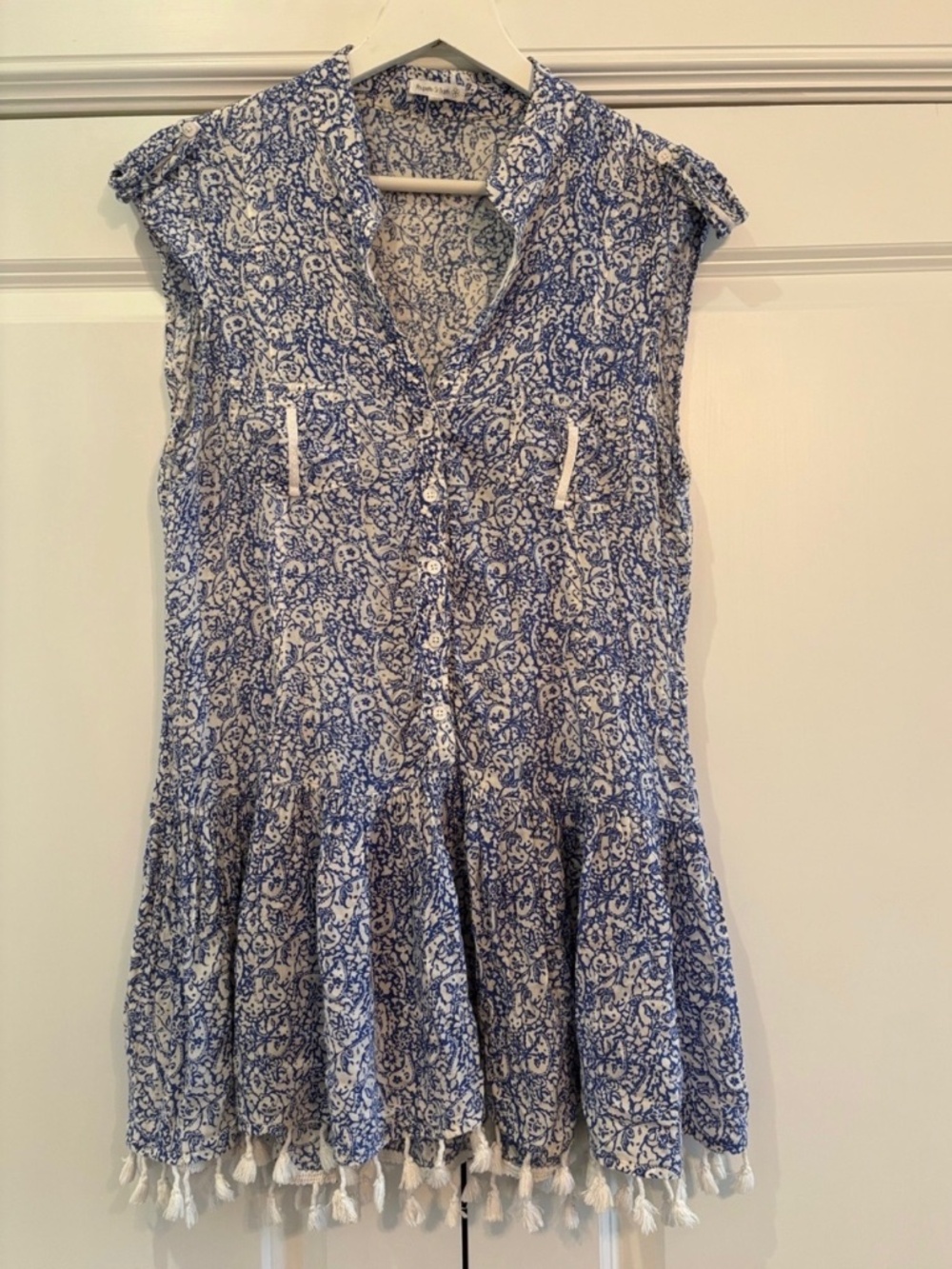 Poupette St Barth Blue and White Tassel Mini Dress